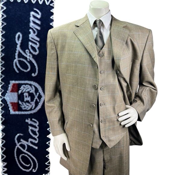 Phat Farm Men 3pc Suit Jacket Vest Pants 46R 38x31 Windowpane 100% Virgin Wool - Picture 1 of 16